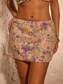 Opulessa 女士性感亮片网眼拼接迷你裙，适合夏季度假和派对 - 杏色 - 查看 3