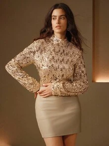 Anewsta 女士优雅高贵设计高端亮片毛衣，圣诞毛衣，派对亮片上衣，新年装 - 金色 - 查看 6