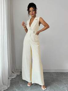 Selianne 女士优雅黑白条纹平领连体裤 - 卡其色 - 查看 5