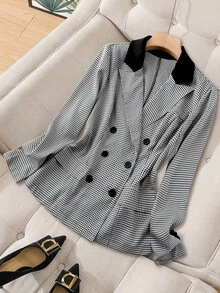 GlowEve CURVE Sacou casual pentru femei de mărime mare, cu guler rever, mânecă lungă, în carouri, cu două rânduri de nasturi