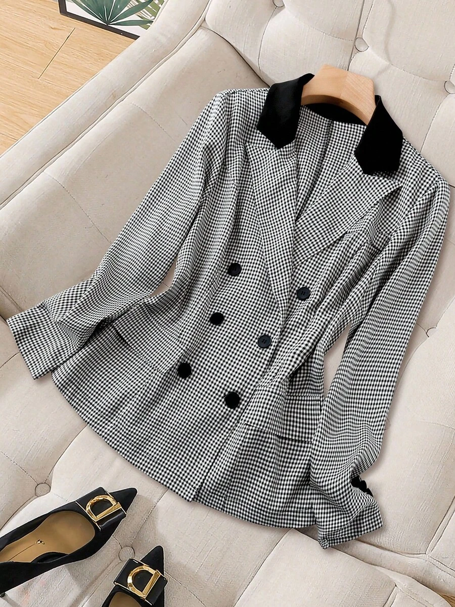 GlowEve CURVE Sacou casual pentru femei de mărime mare, cu guler rever, mânecă lungă, în carouri, cu două rânduri de nasturi