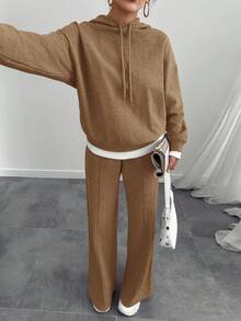EURMUSE Women Grey Marl Oversize Sweatshirt And Sweatpant Two Pieces Set - Chocolate Brown - View 6