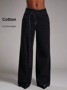 NYA SZN Pantalón vaquero de tiro alto, pierna recta, con bolsillos cargo, banda cruzada, técnico, casual de uso diario, vintage, streetwear, Y2K, grunge, para salir de noche, otoño, verano, adecuado para ir al trabajo, declaración, festival, Día del Rey, para mujeres - Negro - Ver 4
