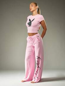 Missguided x Playboy Bộ áo crop top logo Giáng sinh và quần ống rộng - Hồng - Xem 4
