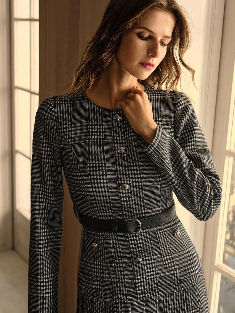BLACK GLEN PLAID PLEATED HEM BELTED MID-LENGTH DRESS