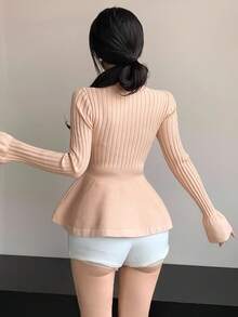 DAZY Women's Casual Ruffle Hem Splice Fitted Pullover Sweater, Solid Color Metal Button Decor, Suitable For Wedding, Party, Autumn/Winter