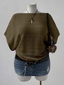 Flirla Plus Size Women's Fashionable & Elegant Bohemian Style Hollow Out Short Sleeve Loose Knit Top, Suitable For Vacation, Suitable For Spring, Summer, Autumn - Army Green - View 3