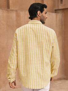 HIMLAND 宽松男士条纹梭织休闲长袖衬衫复古男士衬衫男士意大利度假男士条纹长袖衬衫男士度假装男士衬衫黄色和白色，秋季 - 黃色 - 查看 2