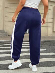 SHEIN EZwear Plus Size Women Contrast Color Elastic Waist Drawstring Casual Sweatpants/Winter