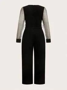 Ellevyn 加大码金箔网眼 V 领长灯笼袖系腰黑色连体裤，适合宴会、节日、晚会、婚礼 - 黑色 - 查看 2