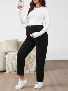 SHEIN Maternity Fall Autumn Winter Halloween Christmas New Year Thanksgiving Solid Color Casual Adjustable Waist Fleece Lined Jeans, Autumn/Winter Mom Jeans Comfortable Thermal Straight Leg Jeans Fleece-Lined Jeans Y2k Cute Streetwear 2000S Coquette Techno Outfit Birthday Outfit Night Out Going Out Club Outfit Airport Outfit Party Business Casual Woman
