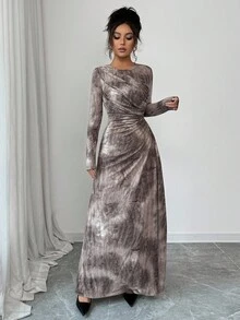 SHEIN Elenzya 25-30+ 休闲派对百褶扎染印花长裙，纹理面料，圆领，秋季 - 棕色 - 查看 4