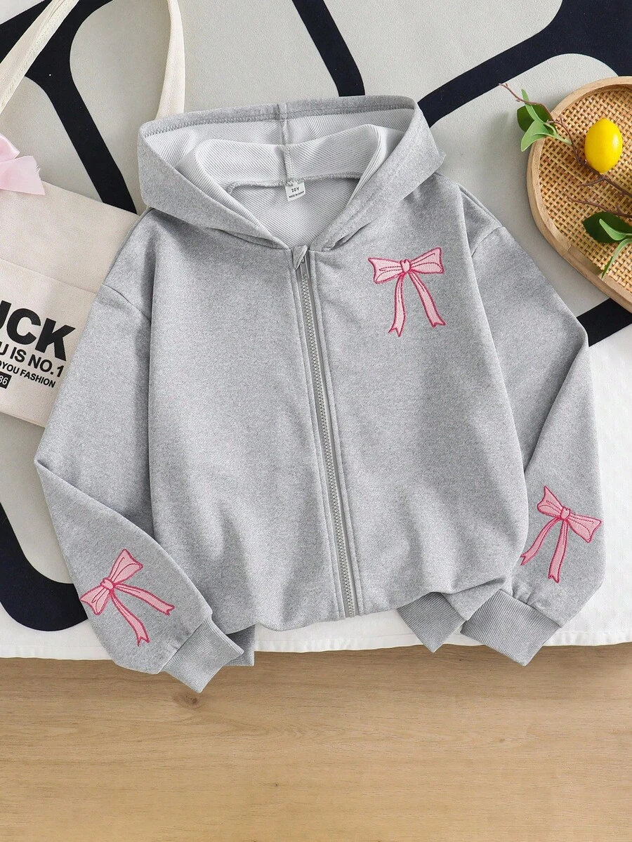 1pc Girls Zip-Up Hooded Jacket, Long Sleeve, Drawstring Waist, Butterfly Embroidery Design On Back And Sleeves Fall Winter - Grey - View 1