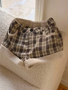 Comfortcana 女式格纹口袋休闲宽松短裤，秋冬 - 黑與白 - 查看 6