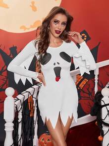 Women's Halloween Print Cosplay Sexy Costume Dress - White - View 5