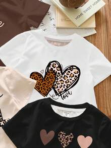 SHEIN 4 件年轻女孩休闲简约奶油白色复古豹纹心形字母“Mama's Girl”图案圆领短袖 T 恤，适合春夏季 - 彩色 - 查看 5