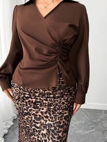 Elenzga Plus Size Women's Fashion Casual French Retro Elegant Ruched Blouse And Leopard Print Fishtail Skirt 2 Pieces Set Fall - Brown - View 5