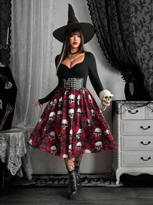 Whyspr Grunge Punk Halloween Große Größen Damen Sexy Figurbetonte Lässig Vielseitige Asymmetrische A-Linie Spitze Mesh Patchwork Muster Langarm Kleid, Punk Stil geeignet für Rückkehr zur Schule, Halloween, Herbstmode für Frauen - Verschiedenfarbig - Übersicht 5