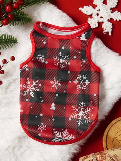 PETSIN 1 stuk huisdiervest in kerststijl, klassiek rood visgraatpatroon, super huidvriendelijk, verspreid sneeuwvlokken- en kerstboompatroon, mouwloos, ademend huisdiervest