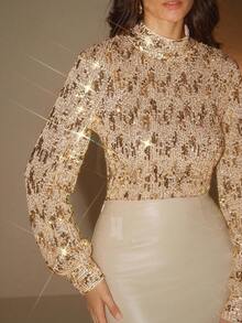 Anewsta 女士优雅高贵设计高端亮片毛衣，圣诞毛衣，派对亮片上衣，新年装 - 金色 - 查看 2