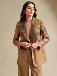 Anewsta 叶子印花刺绣优雅休闲外套时尚常规肩长袖夹克，新款秋冬 - 咖啡棕 - 查看 3