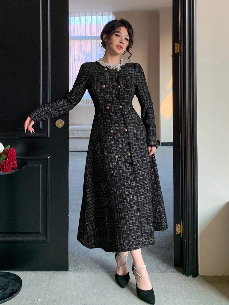 Autumn/Winter Fashion Plaid Fitted Waist Elegant Casual Mesh Lace Trim Metal Button Sequin Wedding Party Cocktail Long Sleeve Midi Dress For Women