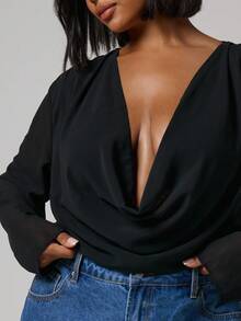 MUSERA Plus Size Cowl Neck Plunge Long Sleeve Chiffon Cropped Top Going Out Spring Summer Holiday - Black - View 2