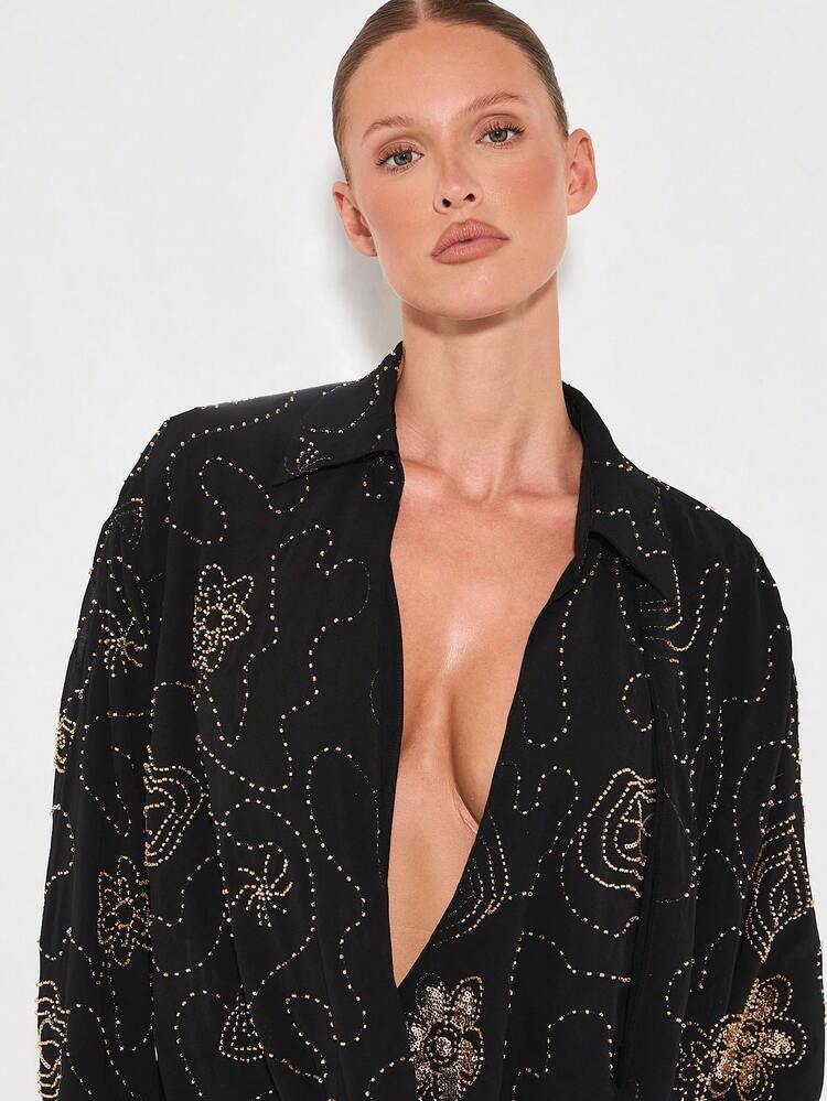 KIZN Embellished Paisley Print Button Down Shirt