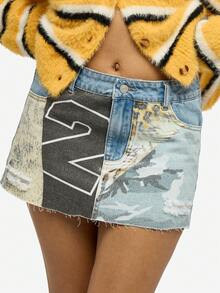 SUMWON WOMEN Minifalda de mezclilla con efecto de patchwork estilo vintage reconstruido, cintura alta, bajo con corte crudo, diseño de ropa de calle para festivales - Multicolor - Ver 6