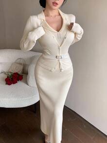 DAZY Bộ 2 món áo len cardigan bó sát màu trơn thời trang thu đông và chân váy bút chì, trang phục áo len dệt kim thanh lịch và thời trang cho nữ - Màu be - Xem 2