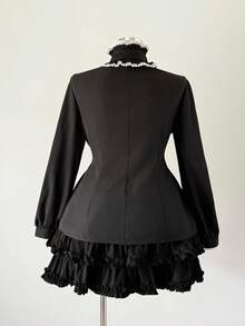 Sunspun Plus Size Women's Casual Black Ruffle Collar Tie Long Sleeve Shirt - Black - View 5