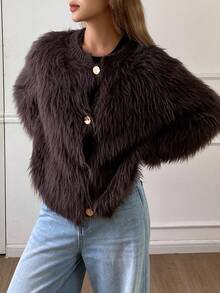 DAZY Women's Loose Casual Fuzzy Brown Cardigan Sweater, Autumn/Winter