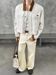 ESTAVOR Men's Autumn Contrast Color Lapel Long Sleeve Single-Breasted Casual Denim Jacket - Beige - View 5