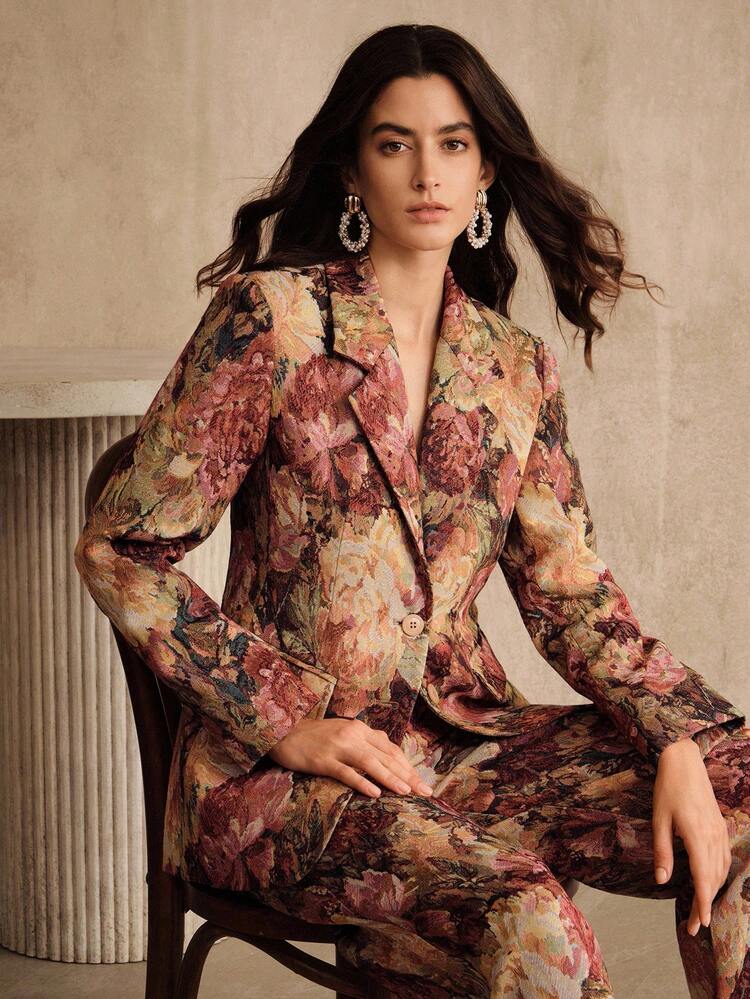 Vintage Elegant Random Jacquard Cinched Waist Jacquard Vacation Blazer Jacket For Women