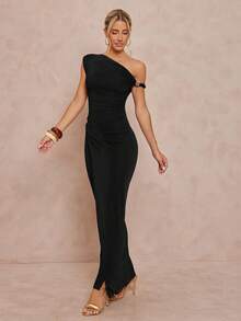 Lumalex 女士不对称露肩金属装饰修身连衣裙，婚礼宾客礼服 - 黑色 - 查看 4