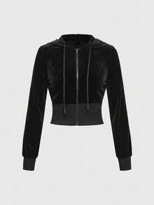 ROMWE Grunge Punk Women's Drawstring Hooded Zip-Up Long Sleeve Top And Flare Pants Casual Daily 2 Pieces Set - Black - View 3
