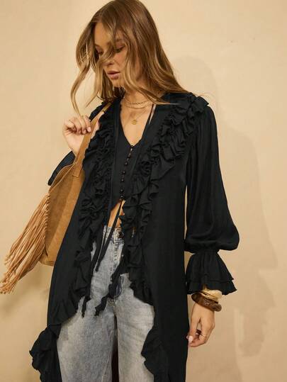 Aralina Winter Festival Butterfly Abaya Open Abaya Long Sleeved Ruffled Front Full Length Maxi Boho Top Acation Thanksgiving Valentine Christmas Elegant Chic