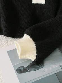 Girls' Bowknot Cropped Round Neck Pullover Sweater, Cute & Sweet Fashion Chunky Knit Fall Winter - Black - View 6