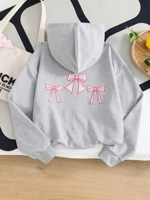 1pc Girls Zip-Up Hooded Jacket, Long Sleeve, Drawstring Waist, Butterfly Embroidery Design On Back And Sleeves Fall Winter - Grey - View 2