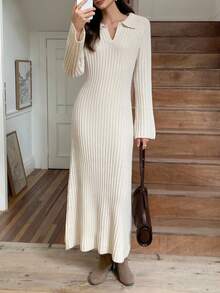 Elyressa Women's Solid Color Turndown Collar Long Sleeve Casual Knitted Dress, Autumn/Winter