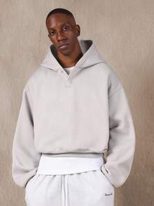 SUMWON Heavy Weight Half Placket Hoodie With Drawstring Crop Fit Plain - Grey - View 5