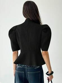 Aloruh Manteau en laine à manches courtes bouffantes et simple boutonnage, couleur unie, pour femmes, automne/hiver