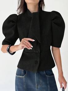 Aloruh Manteau en laine à manches courtes bouffantes et simple boutonnage, couleur unie, pour femmes, automne/hiver