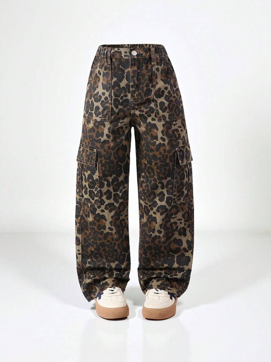 SHEIN Explorewe Tween Girls Y2K Street Cool Leopard Print Elastic Waist Wide Leg Cargo Jeans, Versatile Fashion Essential All Year Round - Multicolor - View 1
