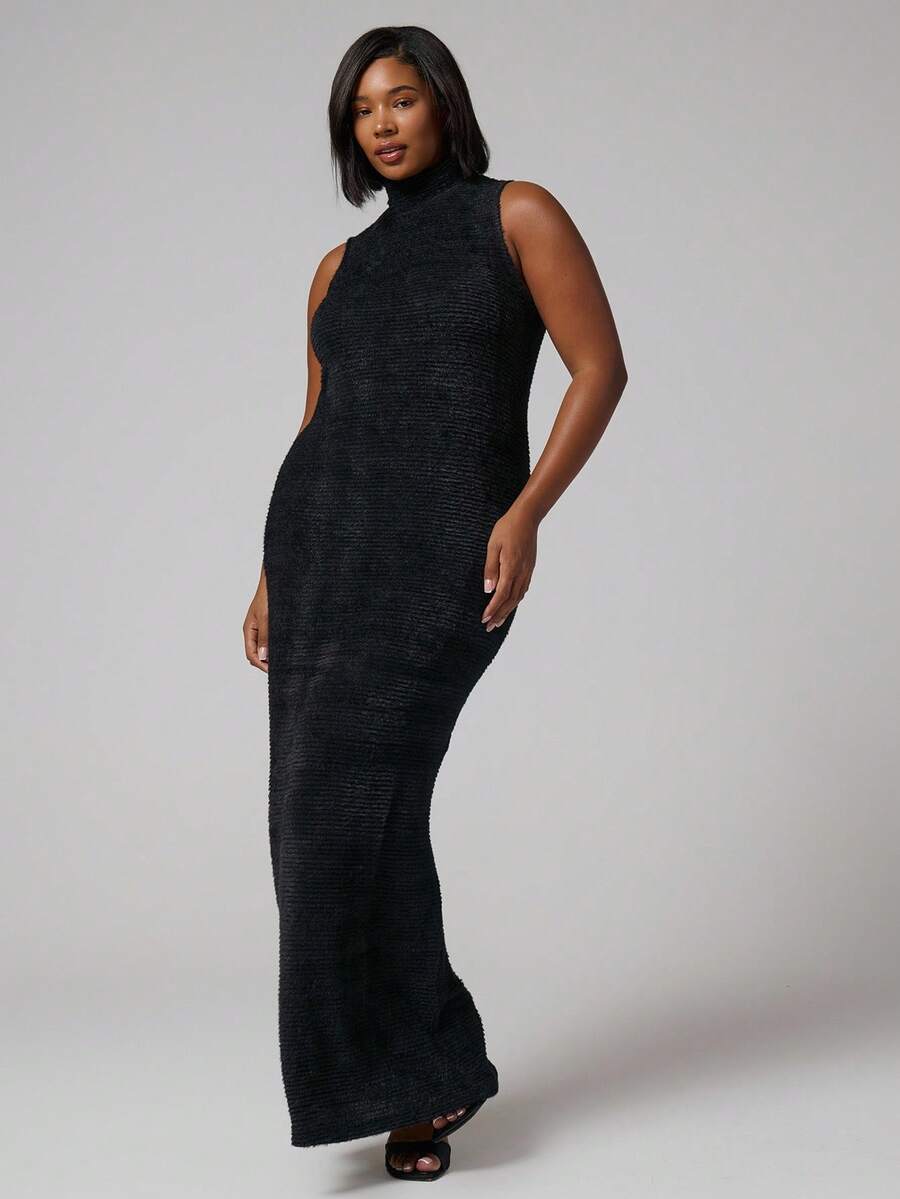 MUSERA Robe longue moulante à col montant sans manches grande taille pour les sorties en automne, hiver, période des fêtes et vacances