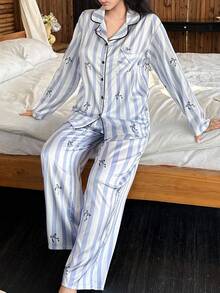 DAZY 条纹蝴蝶结印花缎面撞色饰边女士睡衣套装，秋季服装 - 藍色 - 查看 4