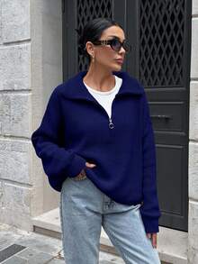 EURMUSE 女士拉链领宽松舒适保暖毛衣 - 藏蓝色 - 查看 4