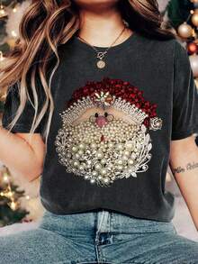 EMERY ROSE 大码女式圣诞老人印花圆领短袖休闲T恤 - 深灰色 - 查看 3