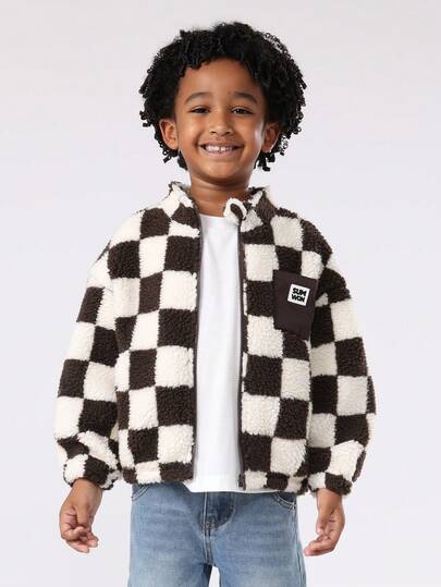 SUMWON Cozy Checkerboard Sherpa Fleece Jacket Teddy Bear Winter Full Zip Kids Casual Outerwear Classic Black White Pattern