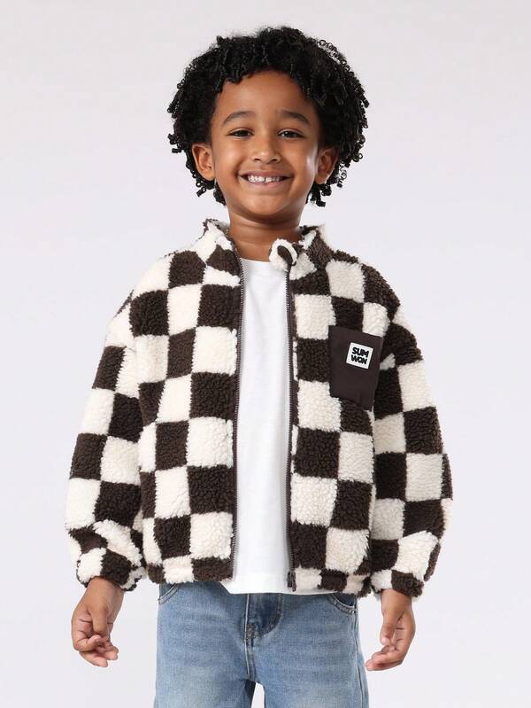SUMWON Cozy Checkerboard Sherpa Fleece Jacket Teddy Bear Winter Full Zip Kids Casual Outerwear Classic Black White Pattern